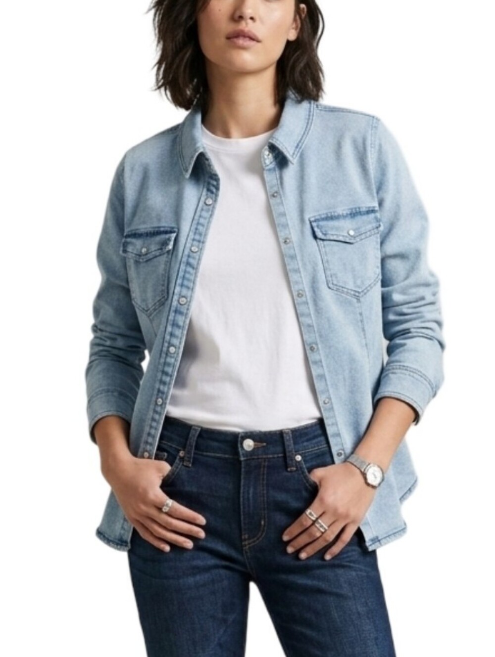 VIGOSS Light Wash Denim Jean Shirt Jacket Pearl Snaps Size Medium